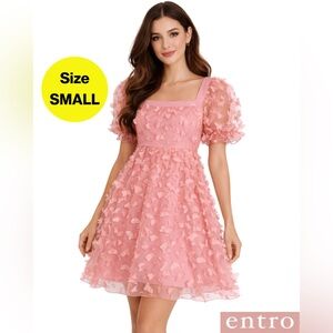 2/for $20 🪩 ENTRO Blush Pink Puff Sleeve Floral Appliqué Mini Dress (Small)